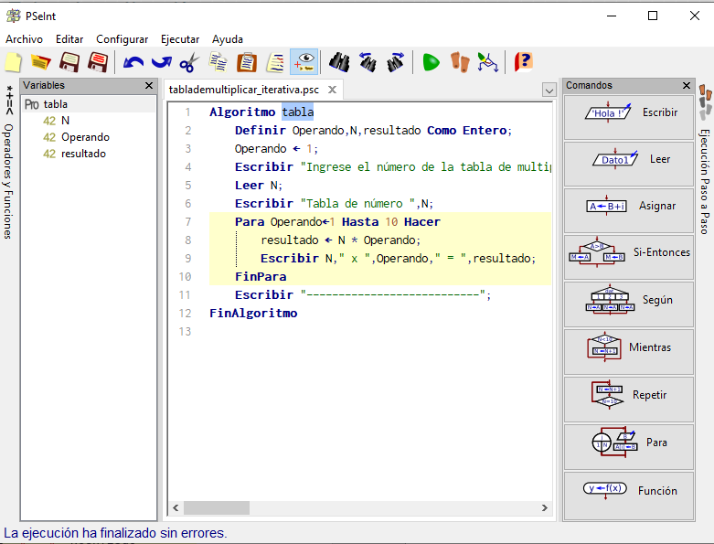 Pseudocódigo tabla de multiplicar con iteración
